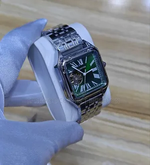 Silver Stainless Steel Luxury Watch With Green Dial and Open-