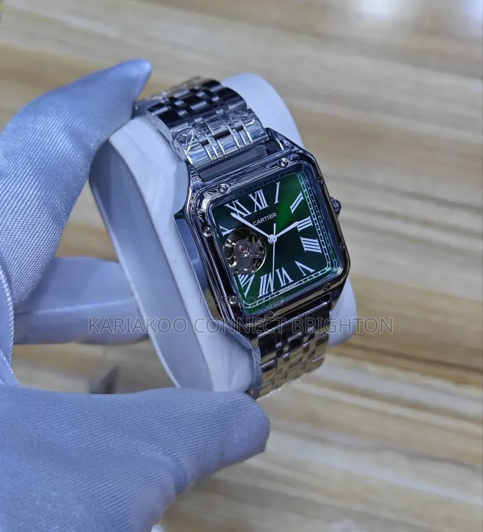 Silver Stainless Steel Luxury Watch With Green Dial and Open-