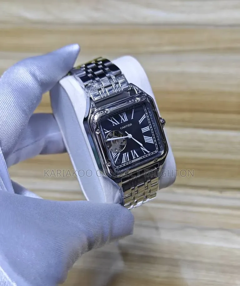 Silver Stainless Steel Luxury Watch With Green Dial and Open-