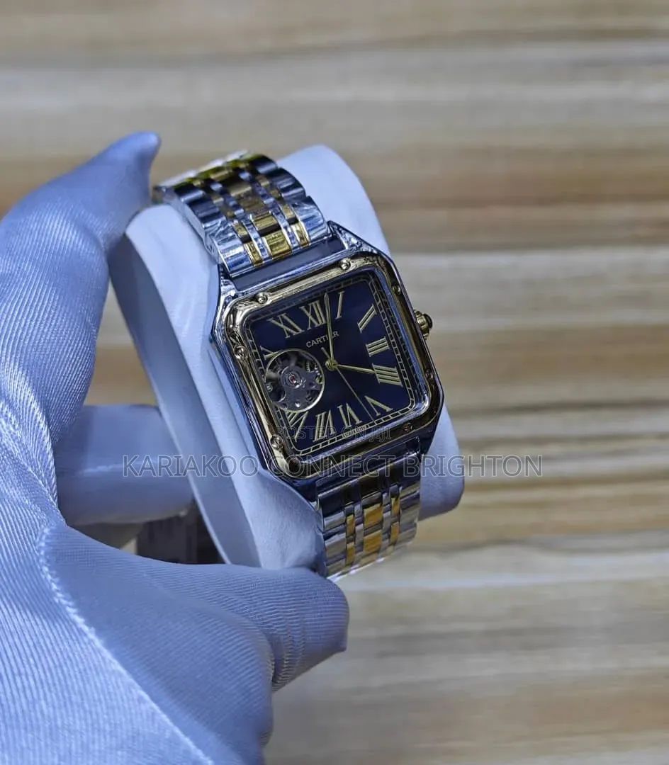Silver Stainless Steel Luxury Watch With Green Dial and Open-