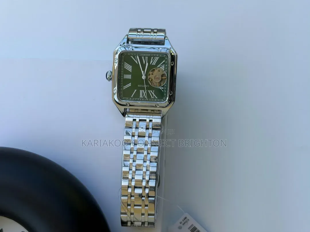 Silver Stainless Steel Luxury Watch With Green Dial and Open-