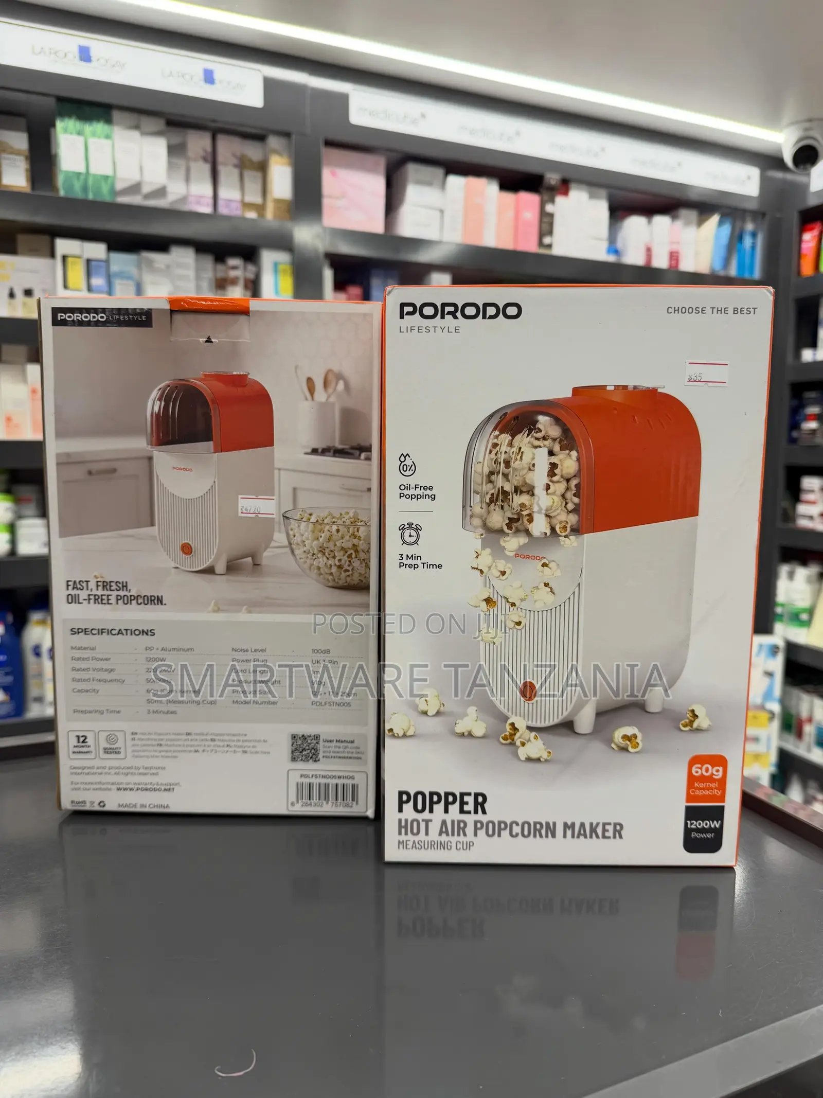 Porodo Hot Air Popcorn Maker, 1200W Power 60g Kernel Capacity Oil-Free