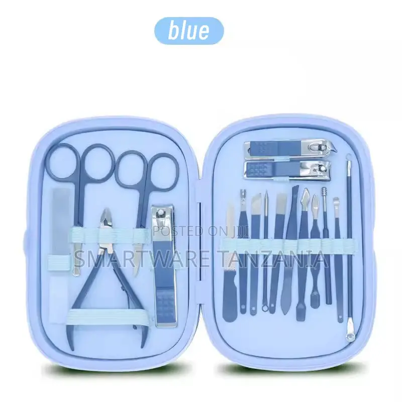Blue Manicure Set With Nail Clippers, Scissors, and 18 Tools in Case