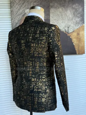 Black & Gold Metallic Patterned Double-Breasted Tuxedo Suit