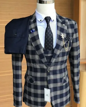 Navy Blue & White Checked Plaid 3-Piece Suit