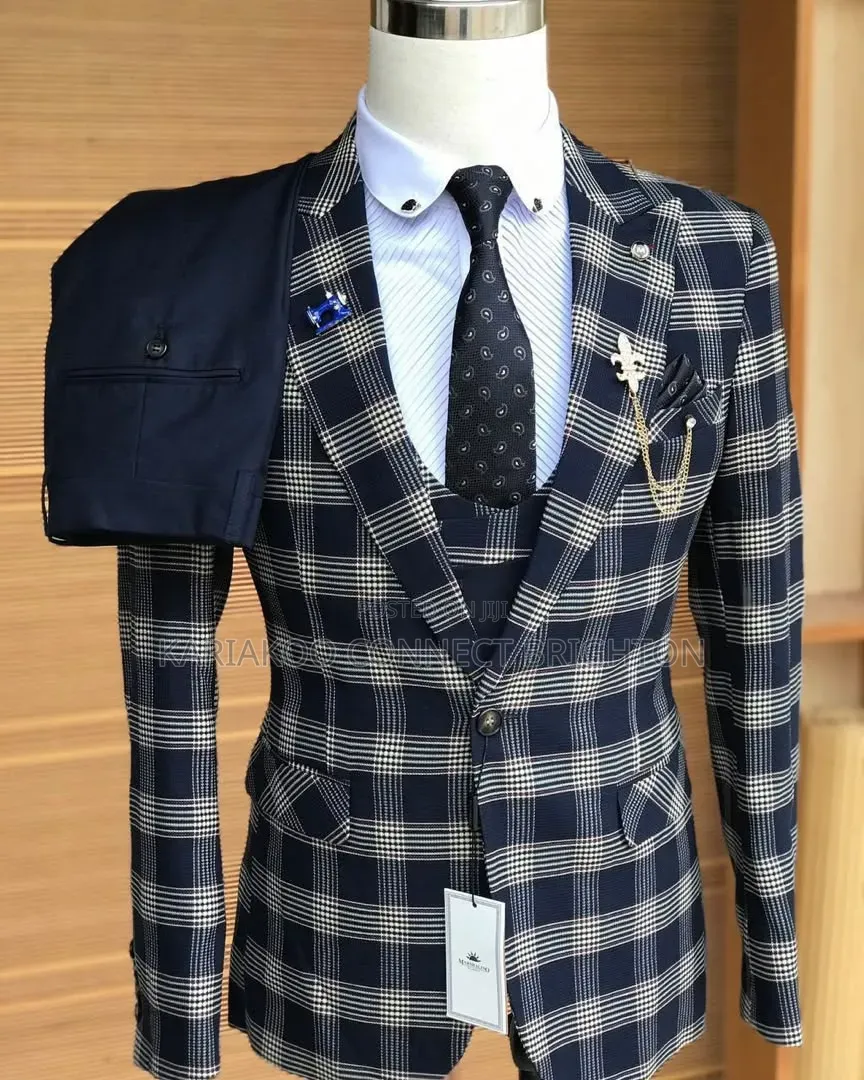 Navy Blue & White Checked Plaid 3-Piece Suit