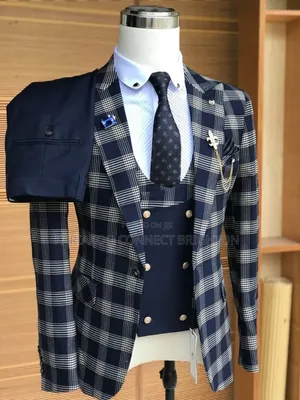 Navy Blue & White Checked Plaid 3-Piece Suit