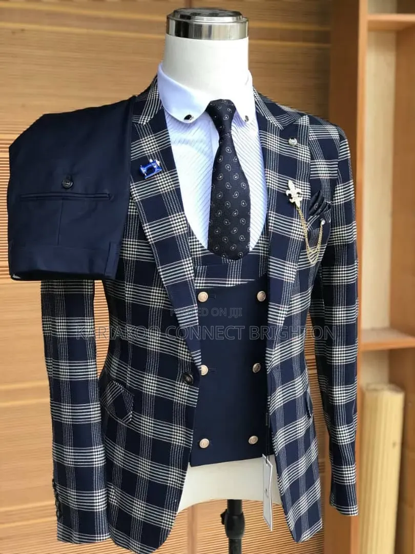 Navy Blue & White Checked Plaid 3-Piece Suit