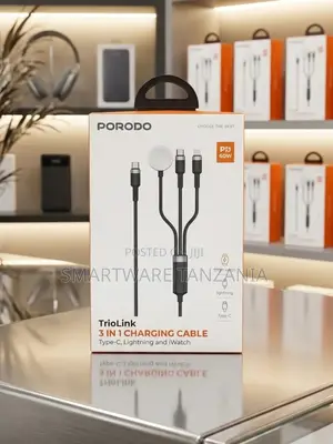 Porodo TrioLink 3-in-1 Charging Cable Type-C to Lightning, iWatch, 60W