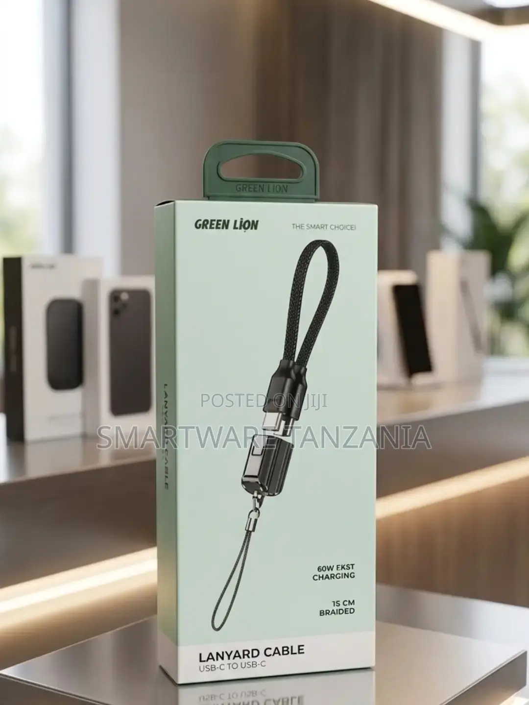 Green Lion Lanyard Cable USB-C to USB-C 60W Charging, 15cm Braided