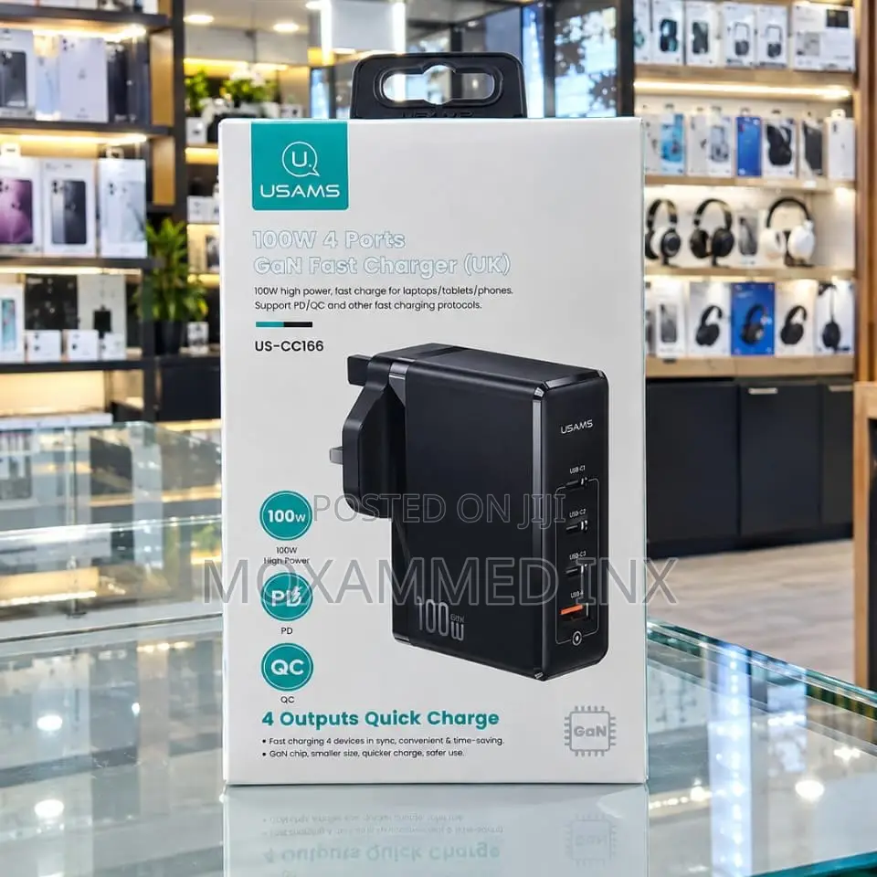 US-CC166 Usams 100watts 4port GaN Fast Charger (UK) 3pin