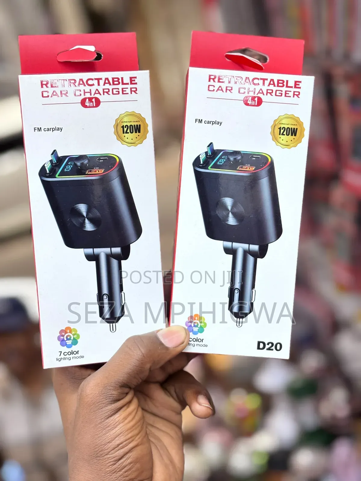 4-in-1 Retractable Fast Car Charger 120W (D20) With FM Carplay & LED