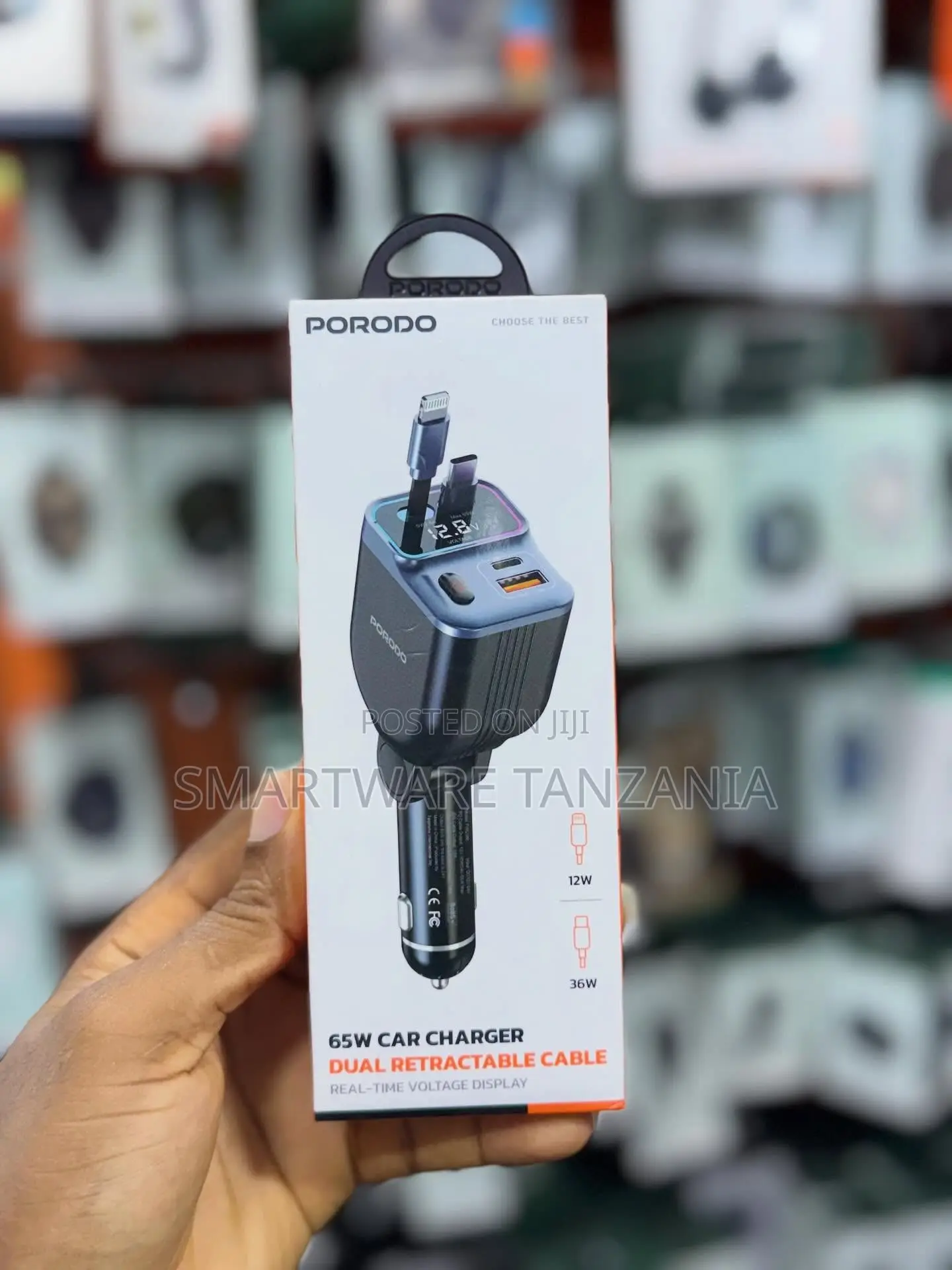 Porodo 65W Car Charger With Dual Retractable Cable and Voltage Display