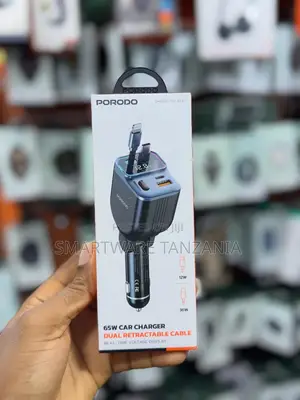 Porodo 65W Car Charger With Dual Retractable Cable and Voltage Display