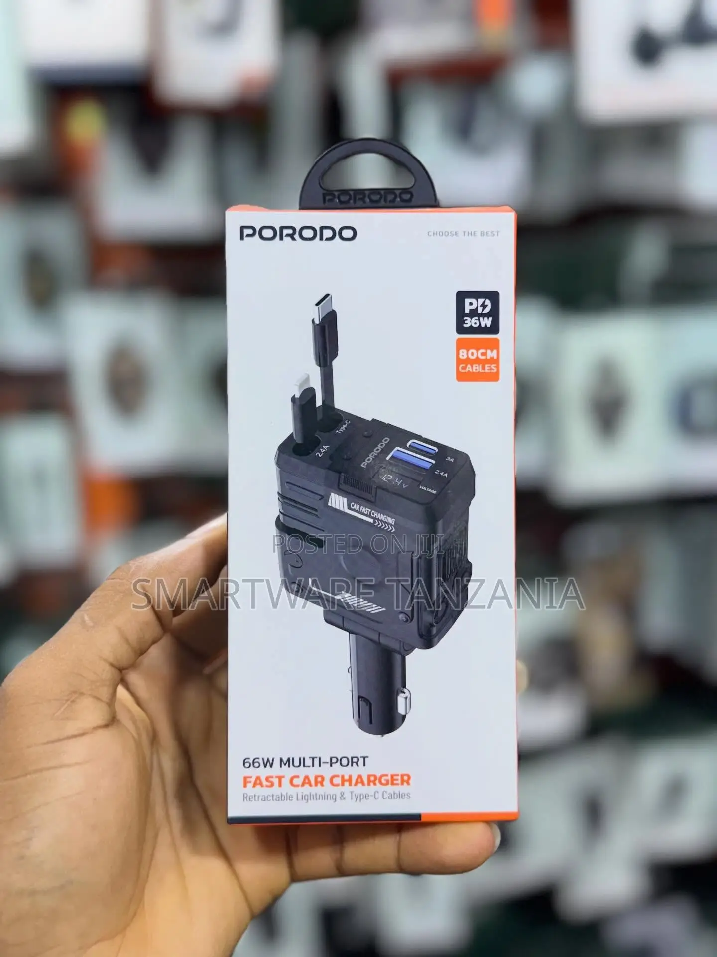 Porodo 66W Multi-Port Fast Car Charger With Type-C & Lightning Cables
