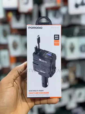 Porodo 66W Multi-Port Fast Car Charger With Type-C & Lightning Cables