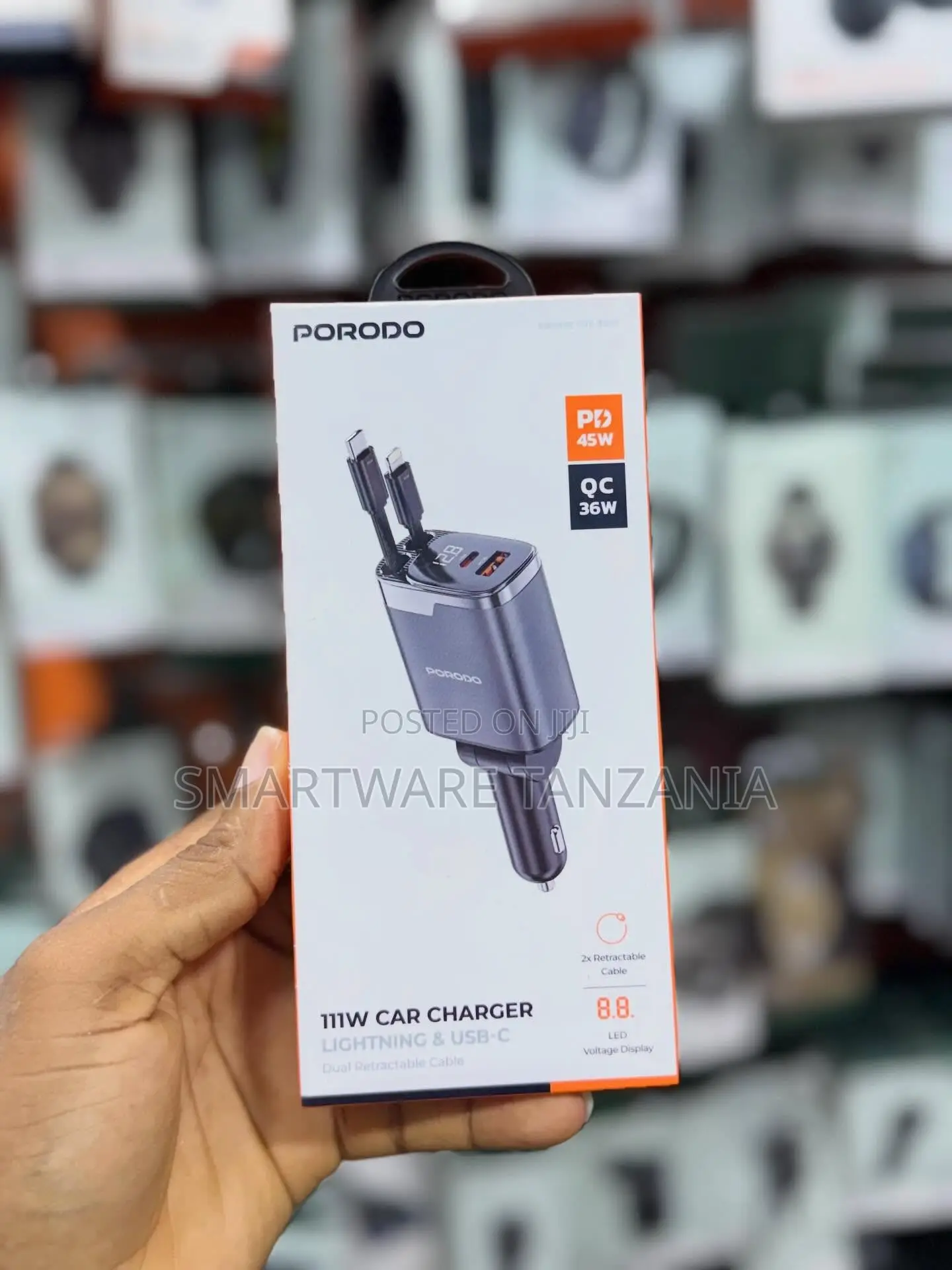 Porodo 111W Car Charger With Lightning & USB-C Dual Retractable Cable