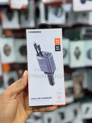 Porodo 111W Car Charger With Lightning & USB-C Dual Retractable Cable
