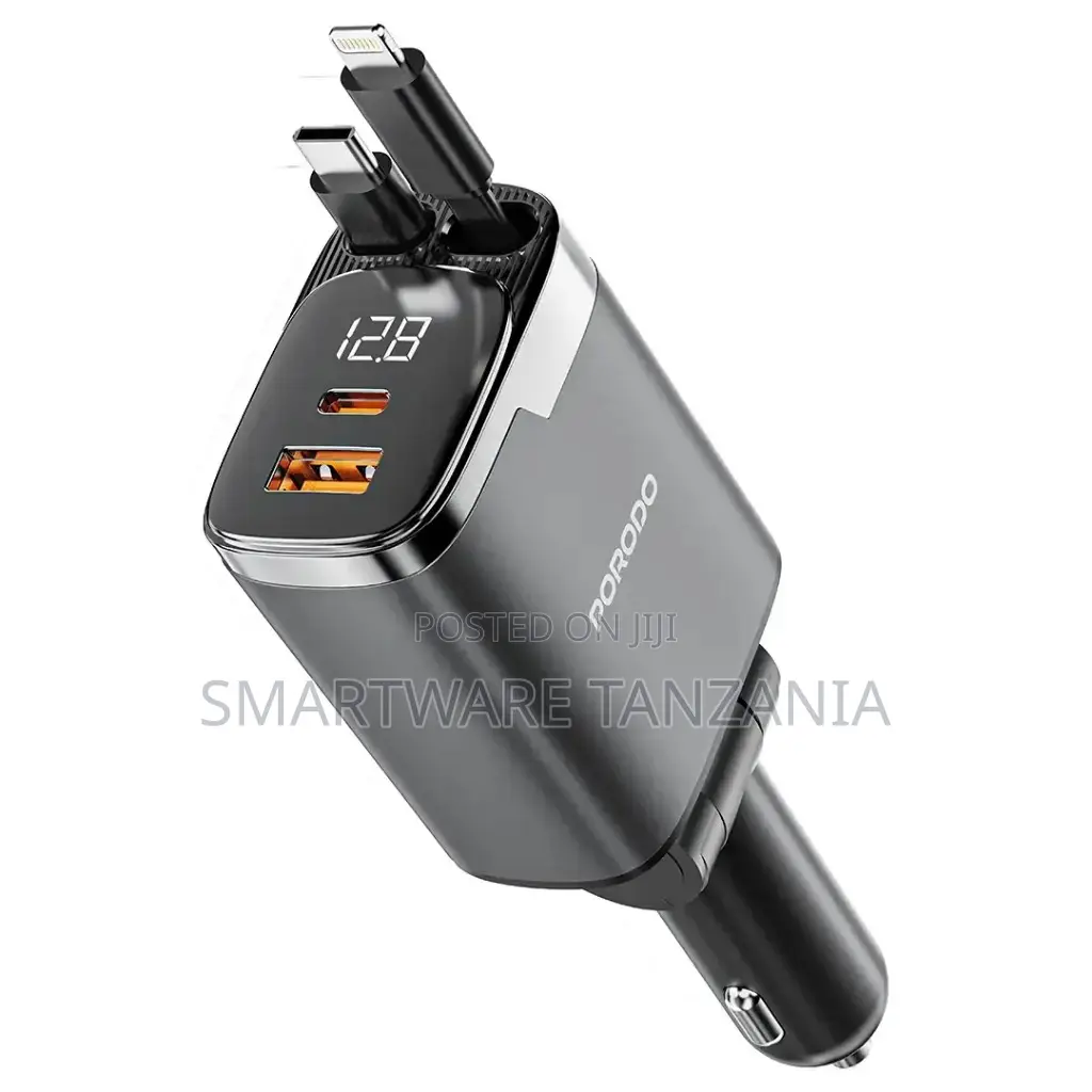 Porodo 111W Car Charger With Lightning & USB-C Dual Retractable Cable