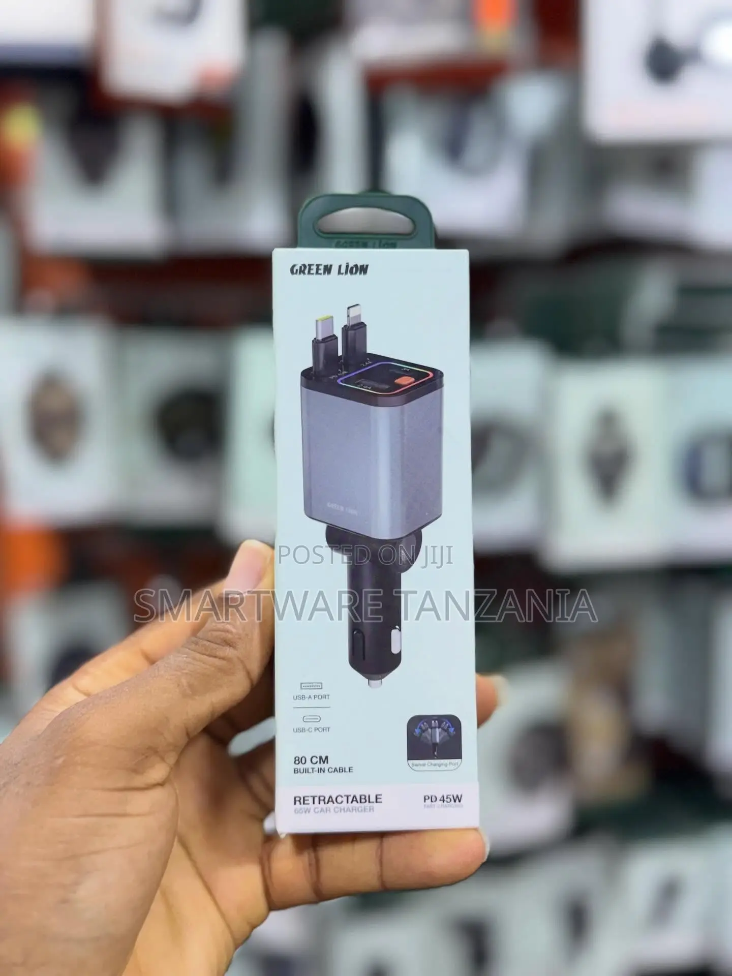 Green Lion 65W Retractable Car Charger With USB-A and USB-C Ports