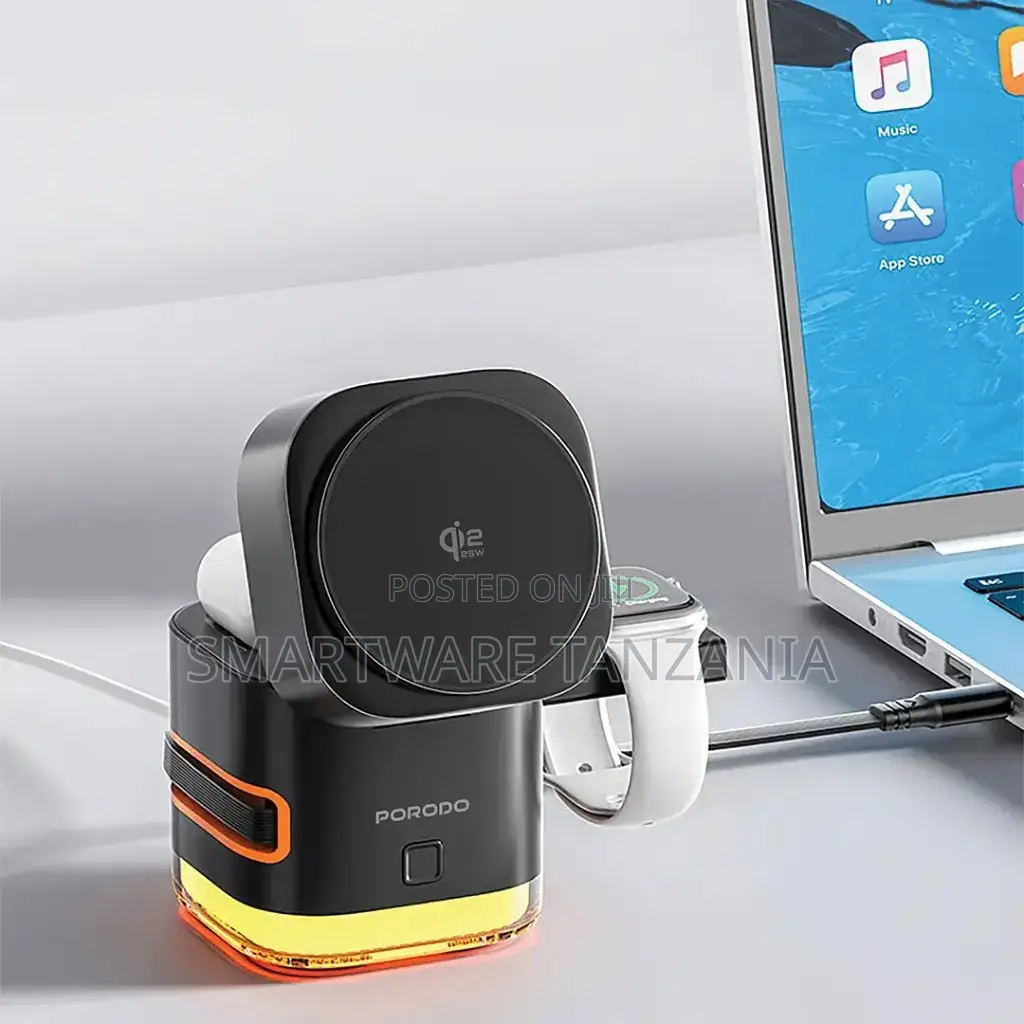 Porodo Xpert 5-in-1 Retractable Wireless Charger, 1m Cable, LED Light