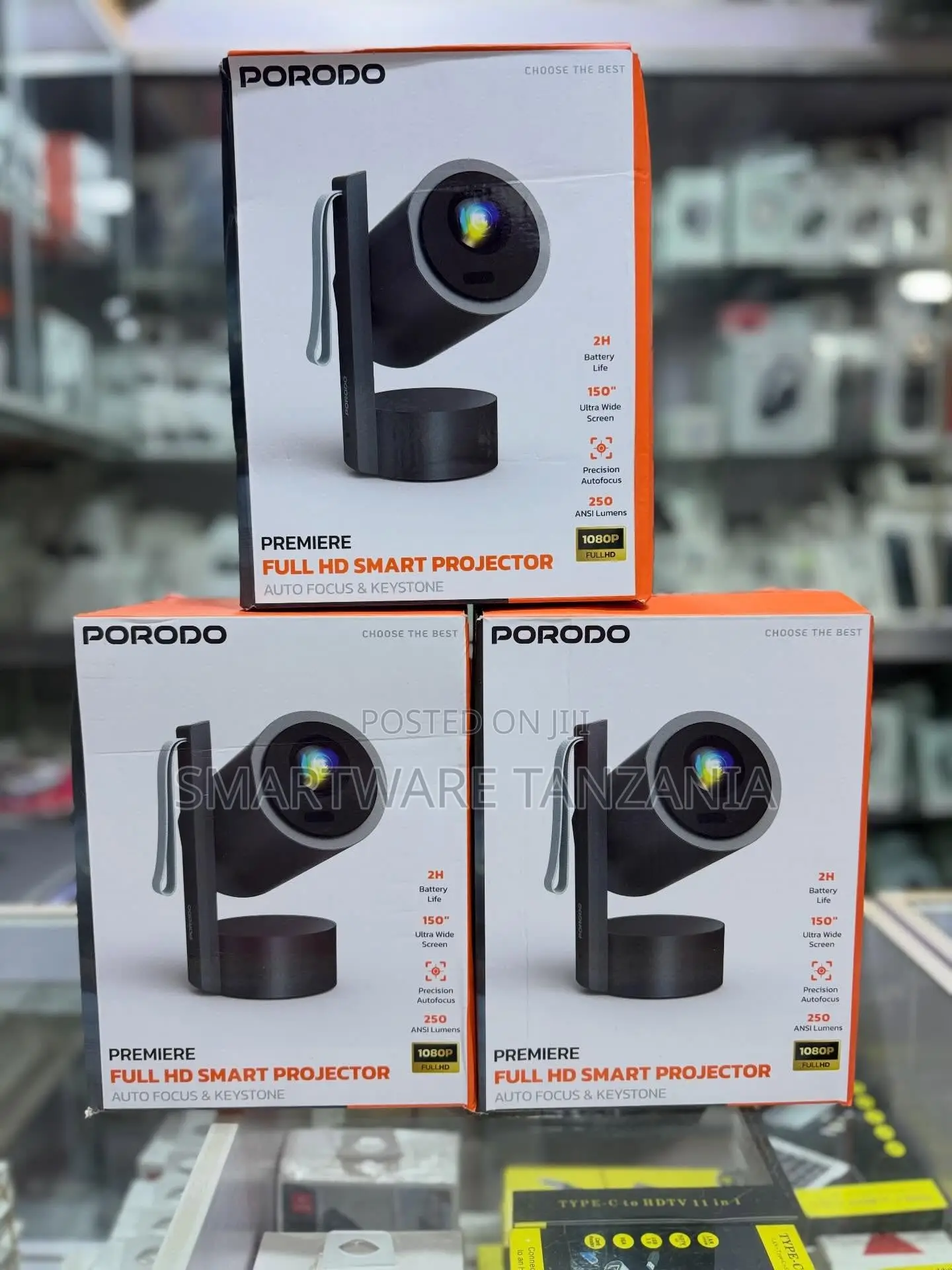 Porodo Premiere Full HD Smart Projector, 2500 ANSI Lumens, 2H Battery