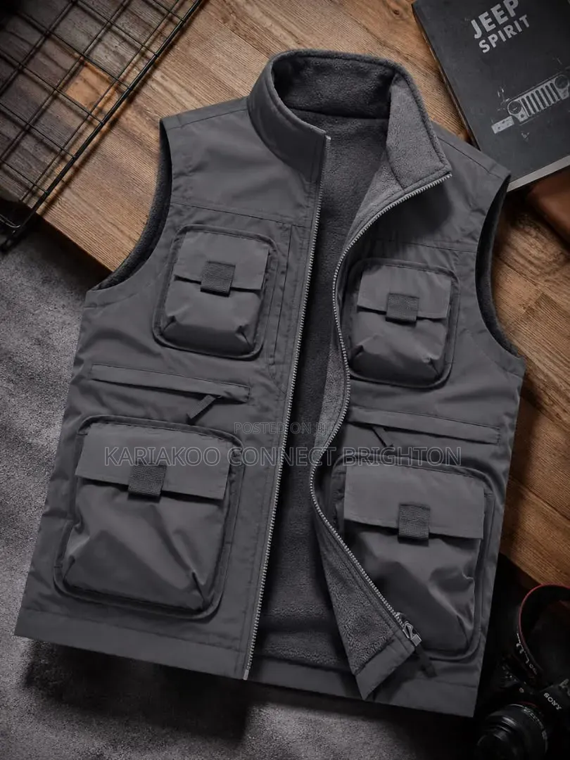 Army Green Multi-Pocket Cargo Vest Jacket With Zipper Closure