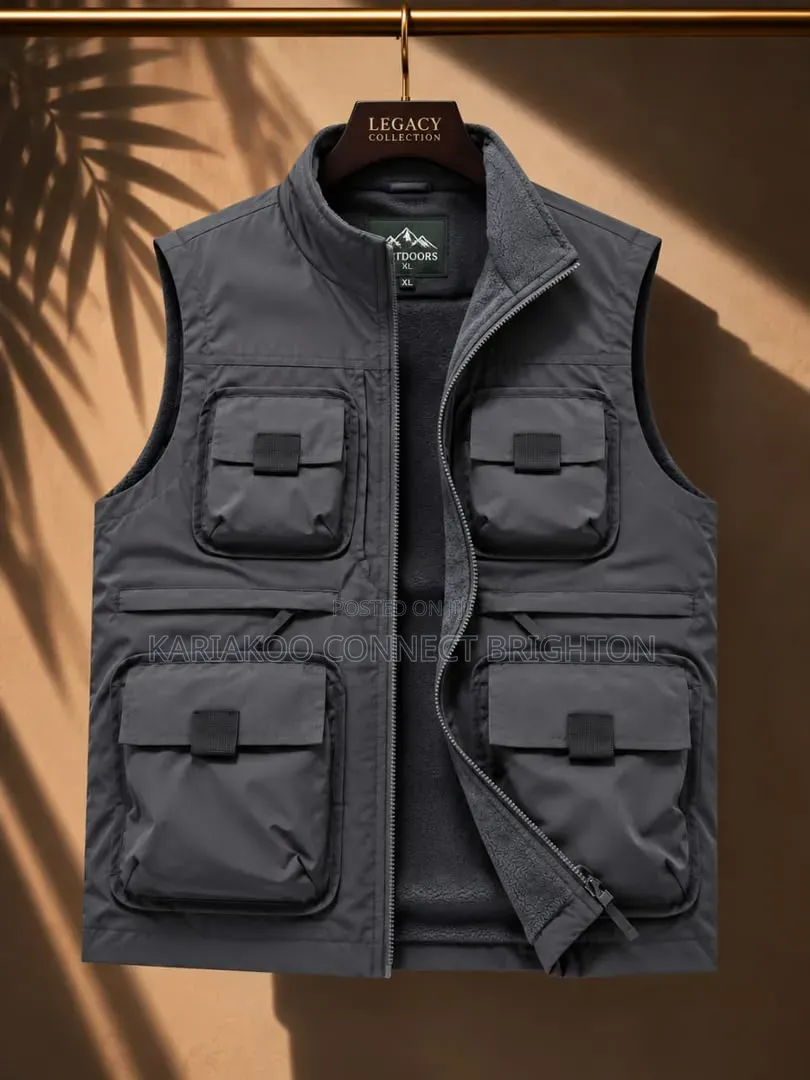 Army Green Multi-Pocket Cargo Vest Jacket With Zipper Closure