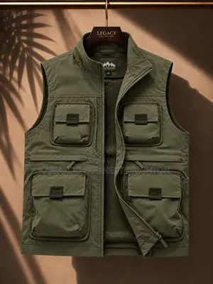 Army Green Multi-Pocket Cargo Vest Jacket With Zipper Closure
