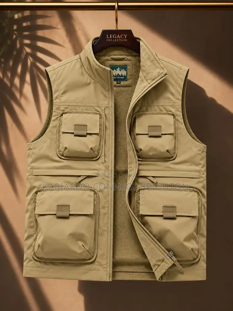 Army Green Multi-Pocket Cargo Vest Jacket With Zipper Closure