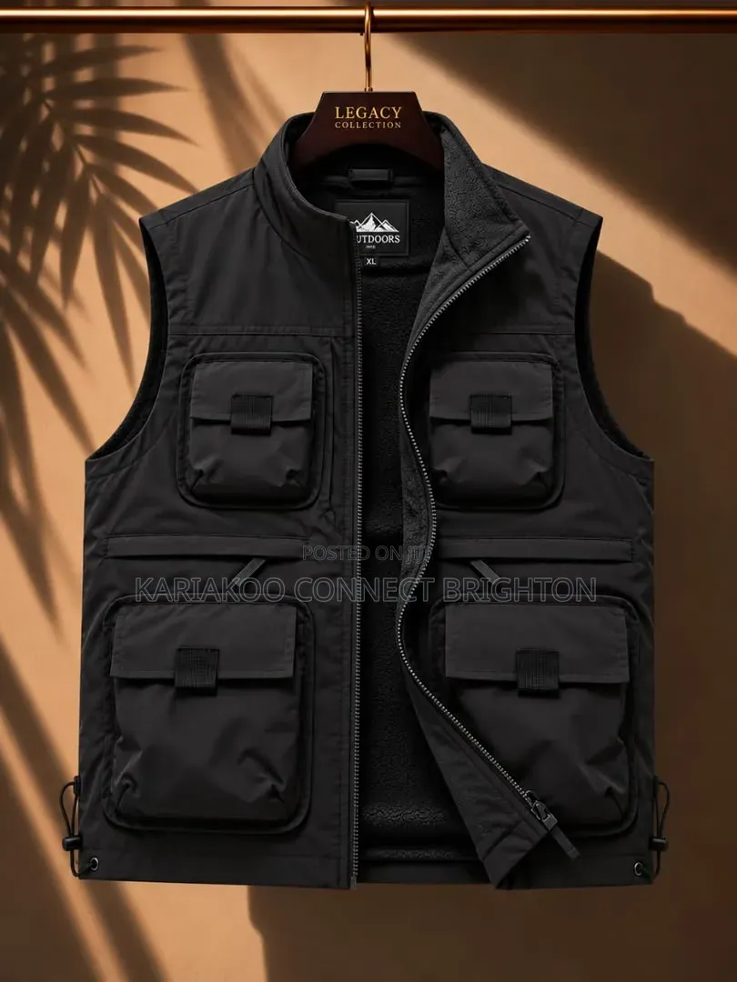 Army Green Multi-Pocket Cargo Vest Jacket With Zipper Closure