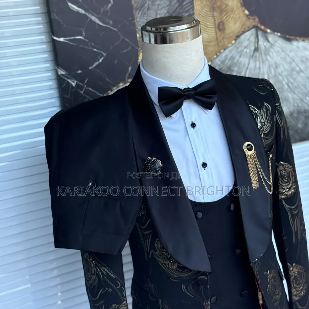 Black & Gold Floral Embroidered Tuxedo Suit