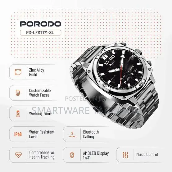 Porodo Chrono Steel Smart Watch, 1.43-Inch AMOLED Display, Bluetooth