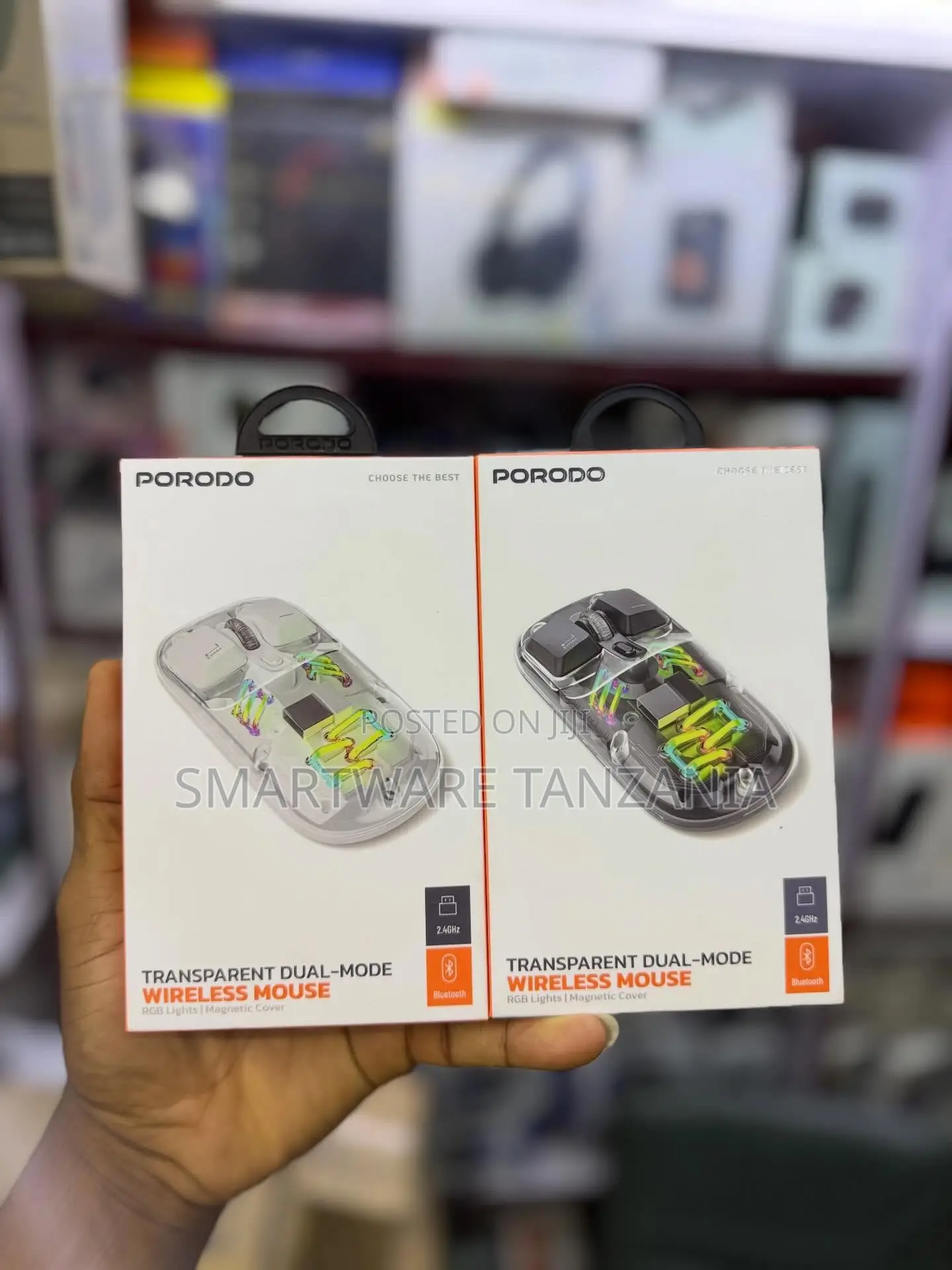 Porodo Transparent Dual-Mode Wireless Mouse With RGB Lights, 2.4GHz