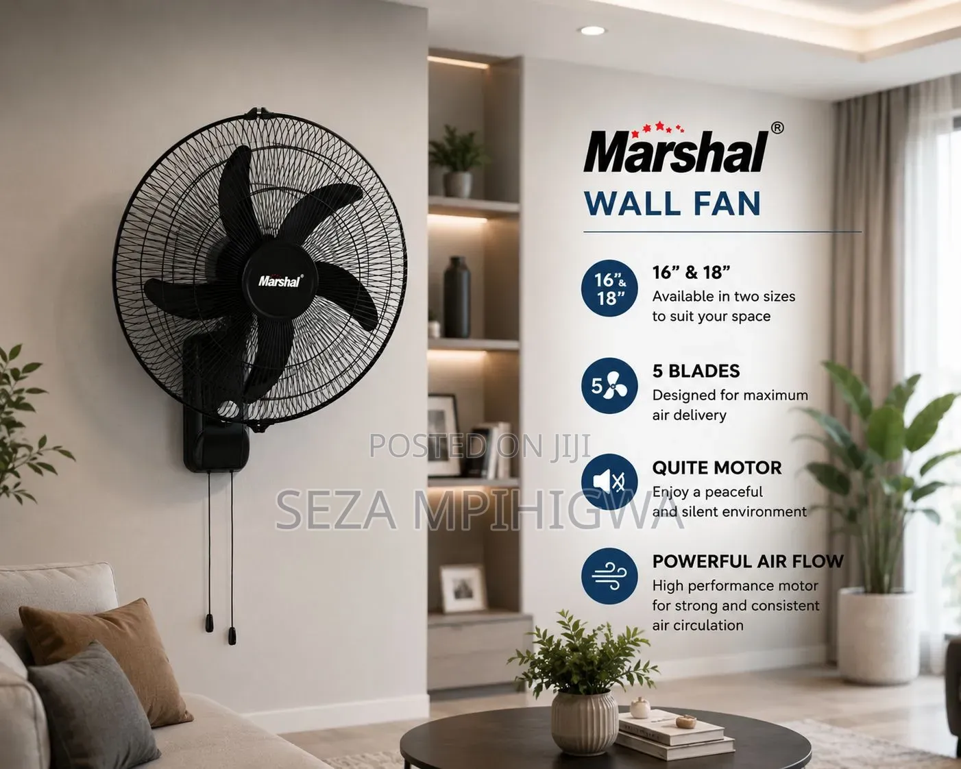Marshal Wall Fan 16" & 18" (5 Blades) - Feni Ya Ukutani Yenye Upepo