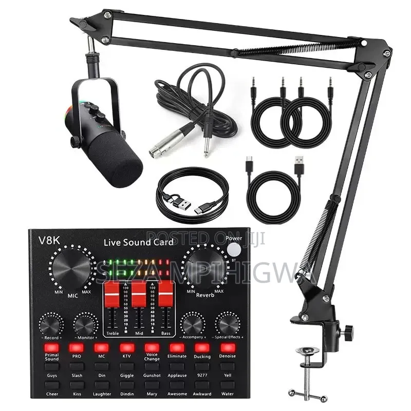 V8K Live Sound Card Set With Condenser Microphone & Boom Arm Stand