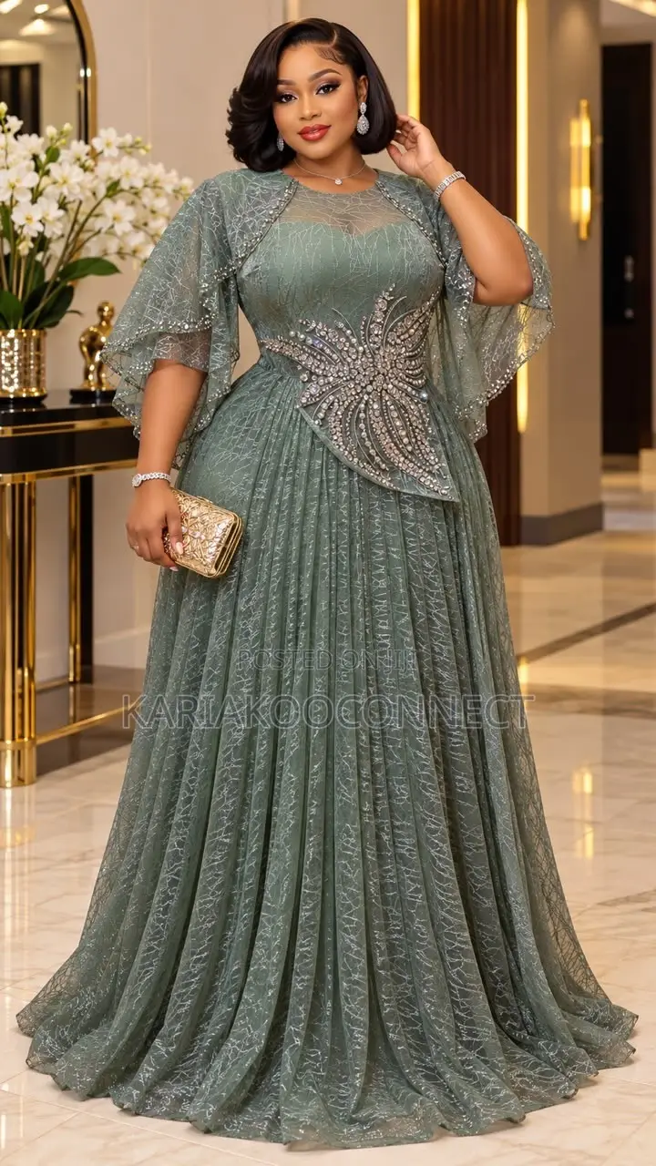 Embellished Cape Lace Gown