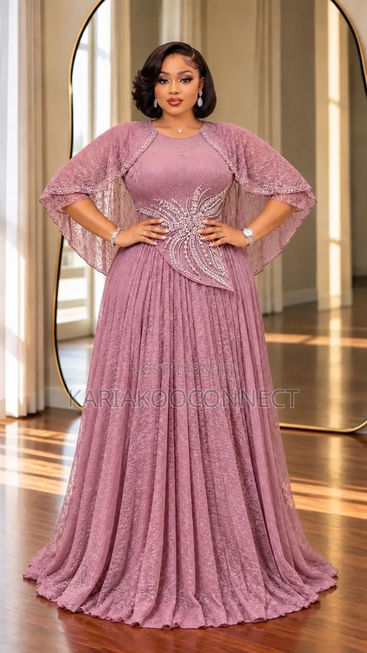 Embellished Cape Lace Gown