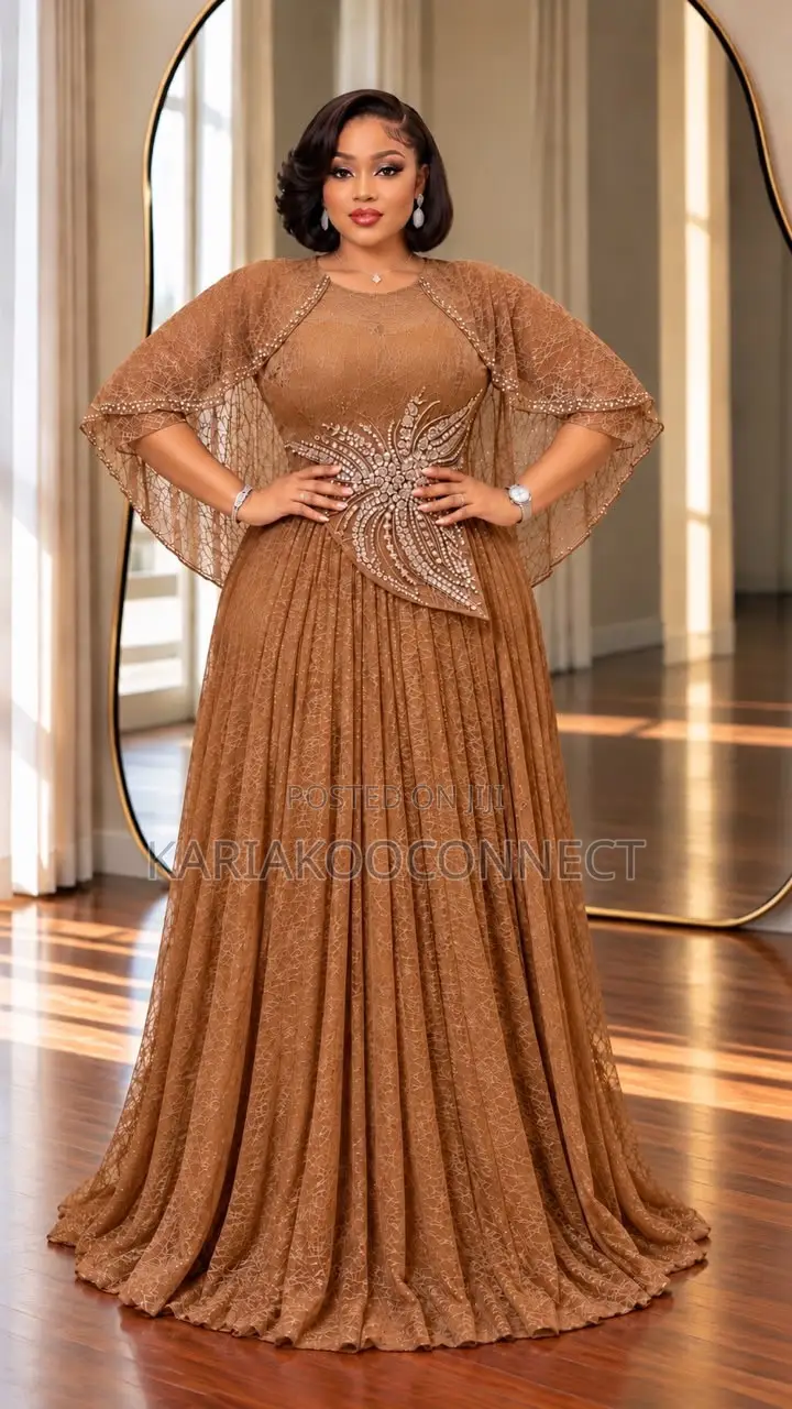 Embellished Cape Lace Gown