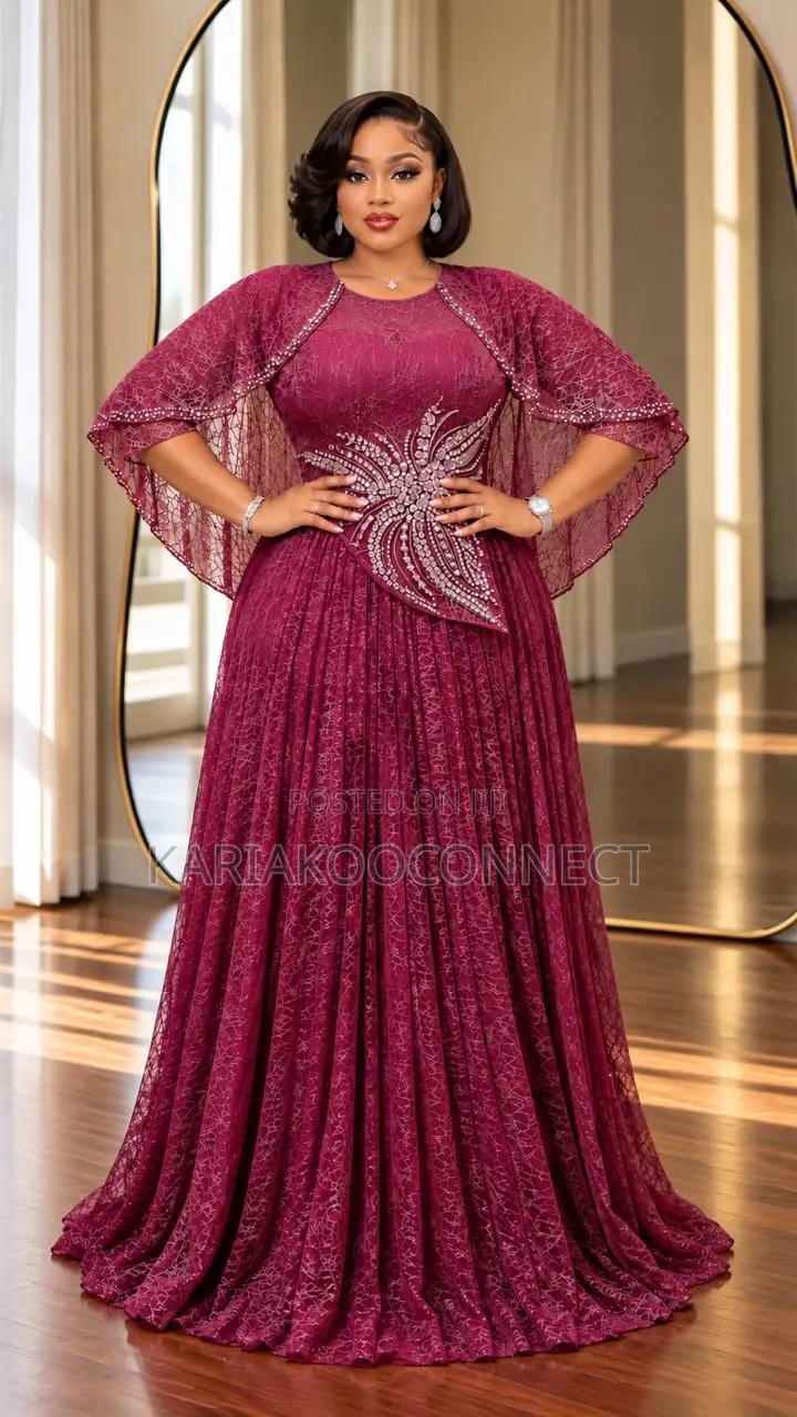 Embellished Cape Lace Gown