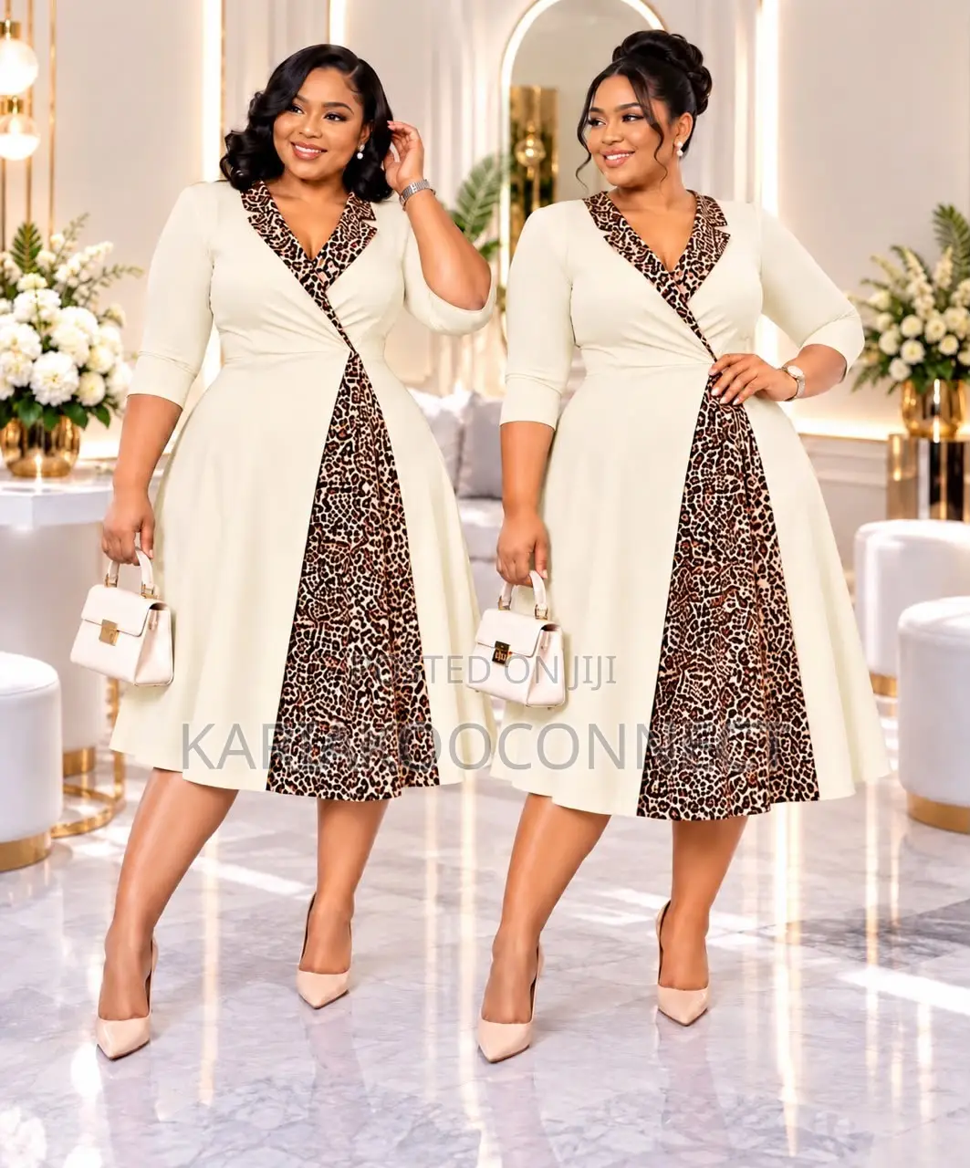 Wrap-Style Midi Dress With Leopard Print Panel