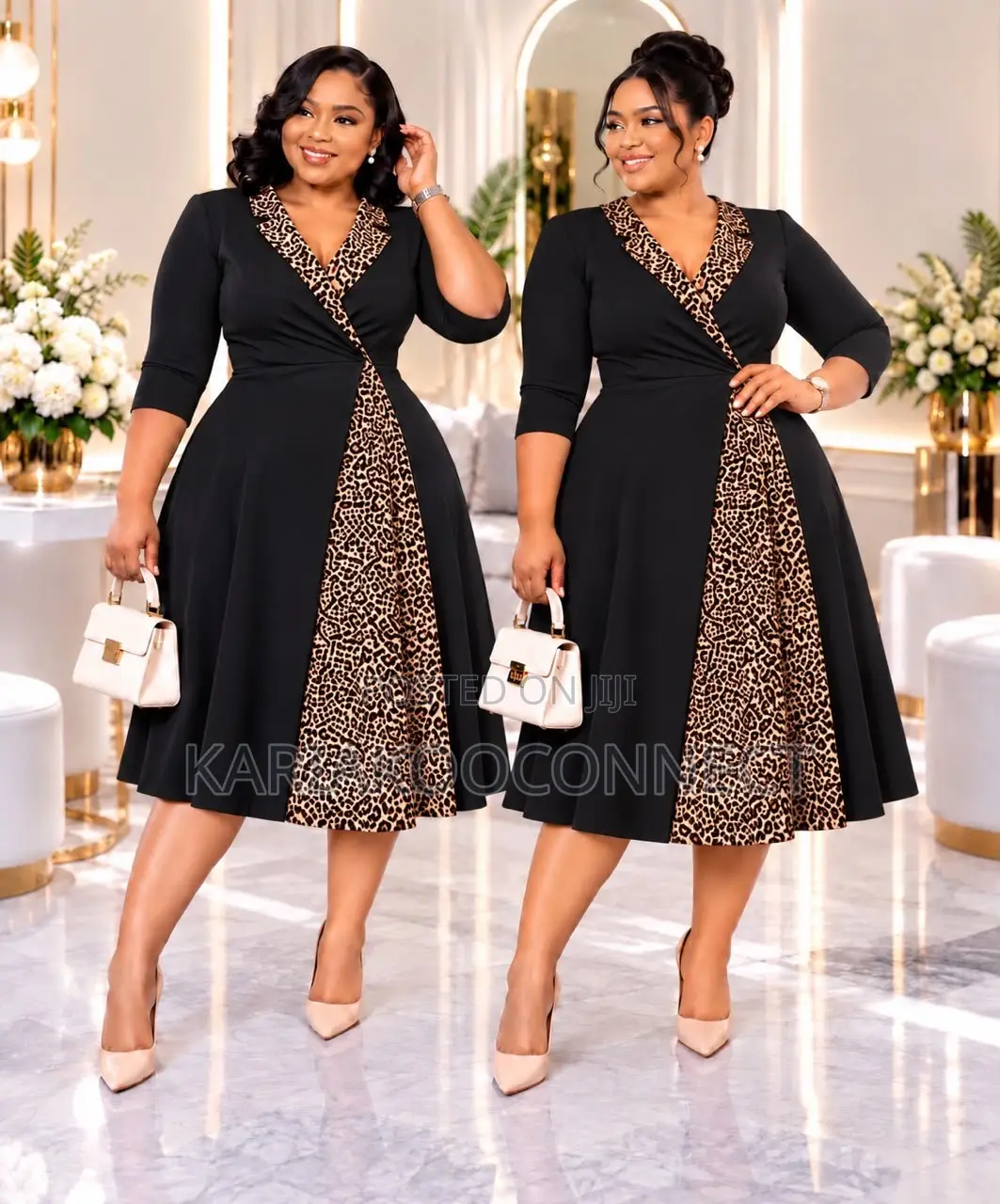 Wrap-Style Midi Dress With Leopard Print Panel