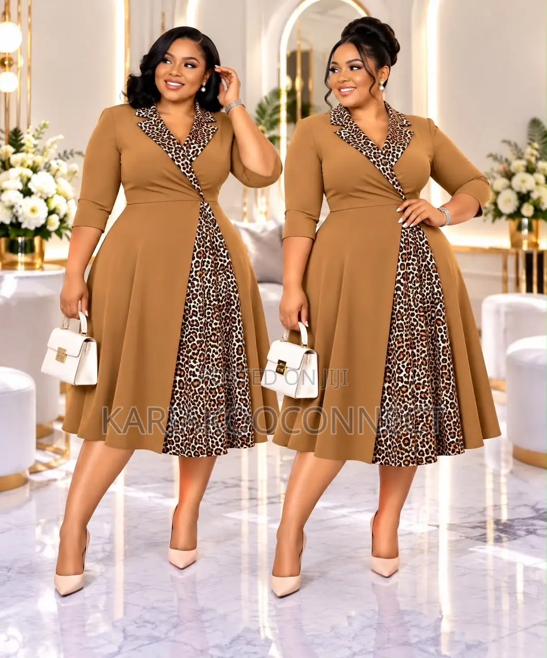 Wrap-Style Midi Dress With Leopard Print Panel