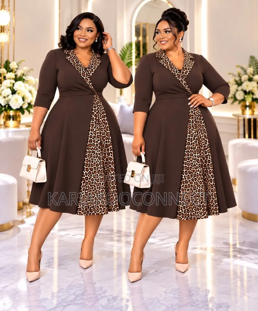 Wrap-Style Midi Dress With Leopard Print Panel