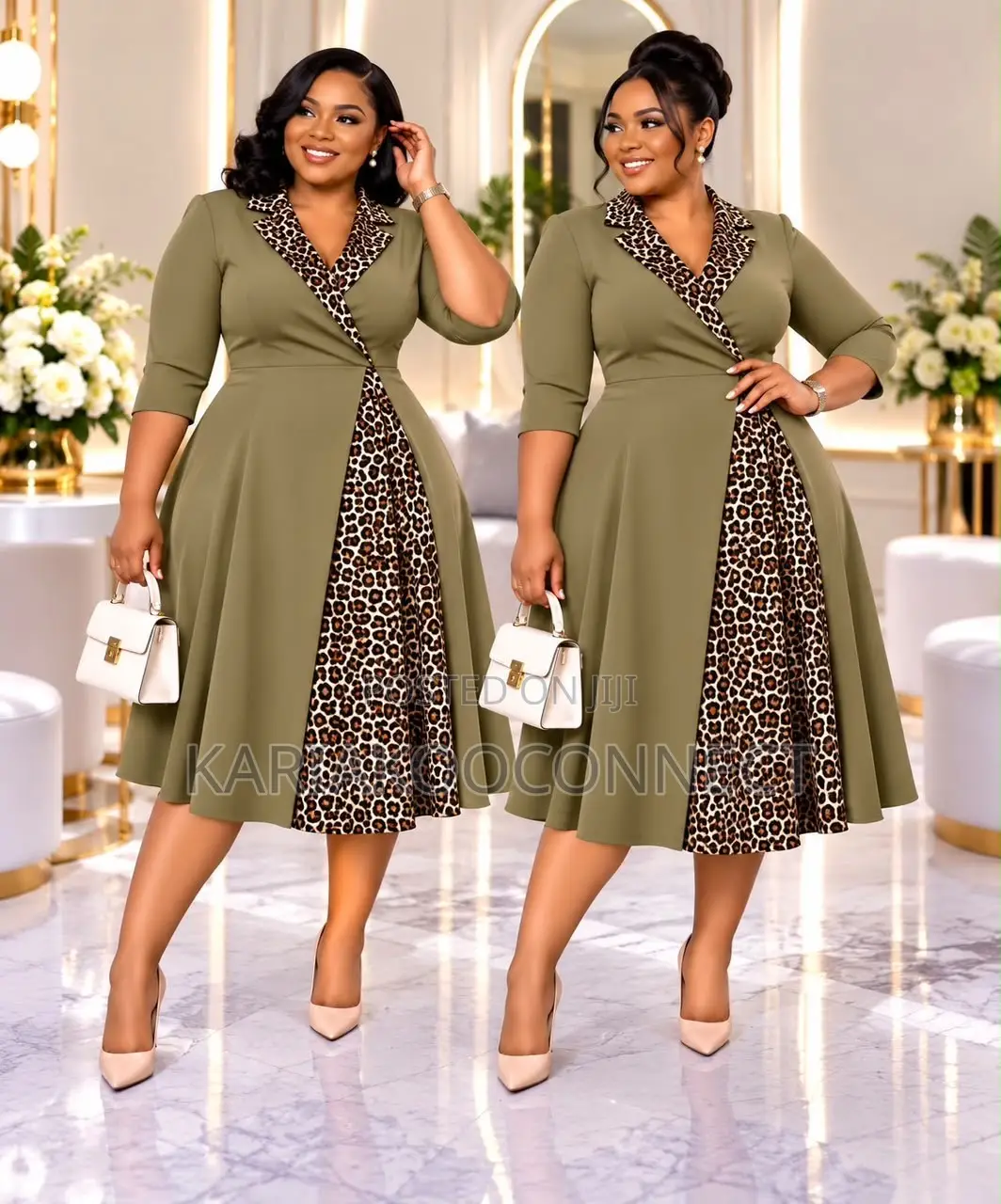 Wrap-Style Midi Dress With Leopard Print Panel