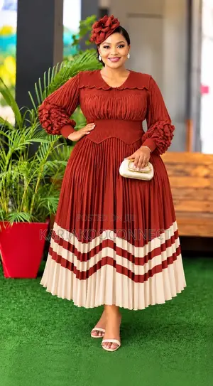 Pleated Maxi Dress With Striped Hem