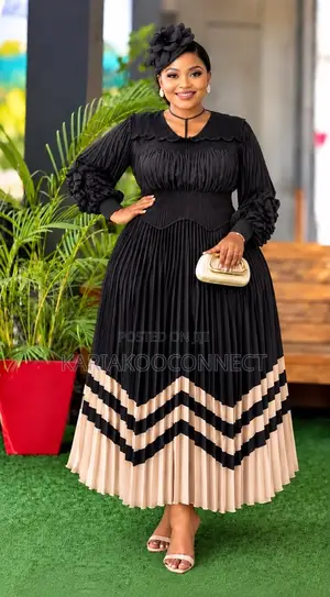 Pleated Maxi Dress With Striped Hem