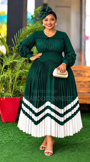 Pleated Maxi Dress With Striped Hem
