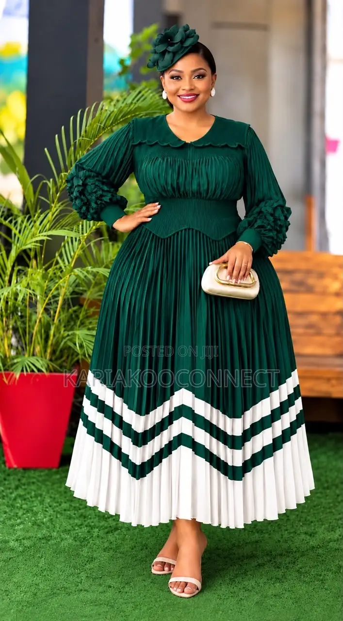 Pleated Maxi Dress With Striped Hem