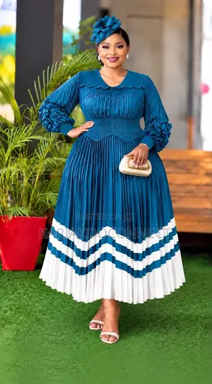 Pleated Maxi Dress With Striped Hem